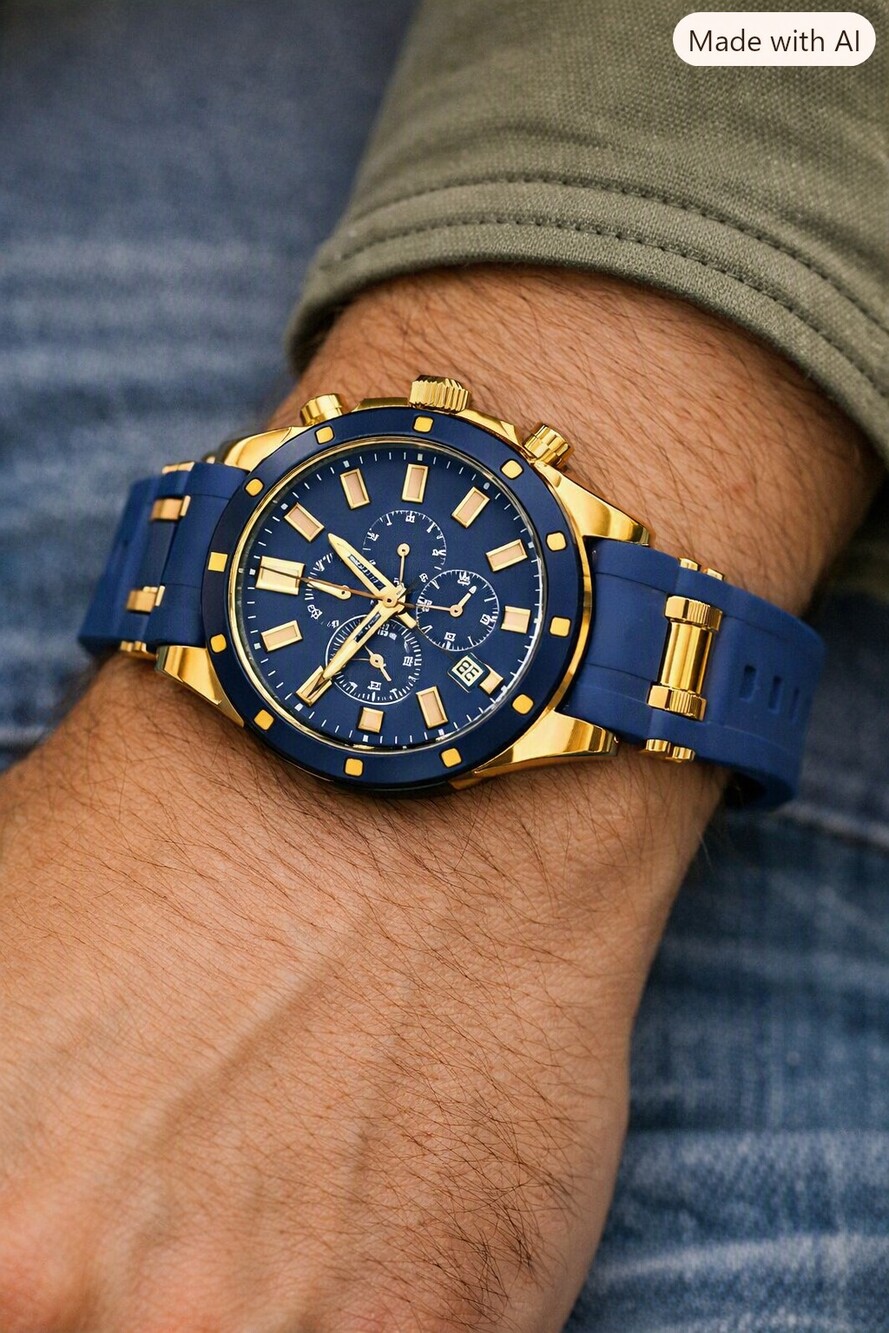 Rclock Men's Chronograph Watch Blue Dial Gold Case Blue Silicone Strap